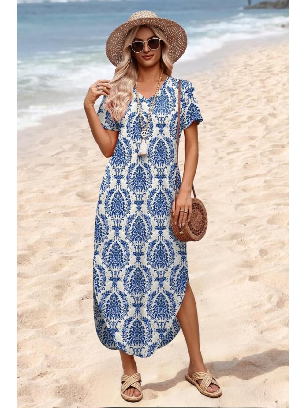 Women's Blue Floral Dress Short Sleeve Pockets Pull On Vacation Beach 2026 - Picture 3 of 5
